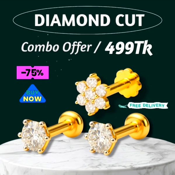 1+1+7 Stone Original Diamond Cut 18K Gold Plated Nosepin With Free Box