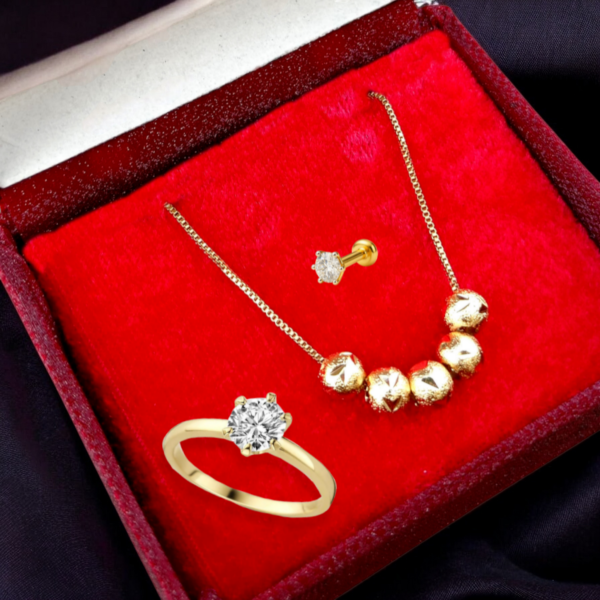 22K Gold Polished Necklace - Diamond Cut Ring and Nosepin