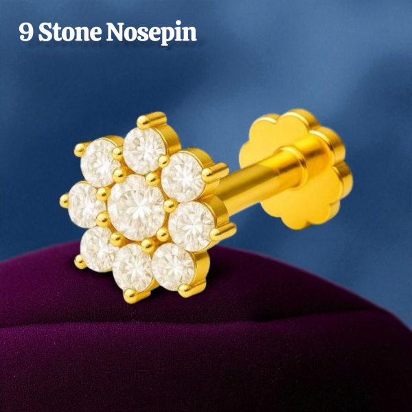 Ring + 9+1 Stone Original Diamond Cut 18K Gold Plated Nosepin With Free Box - Image 2