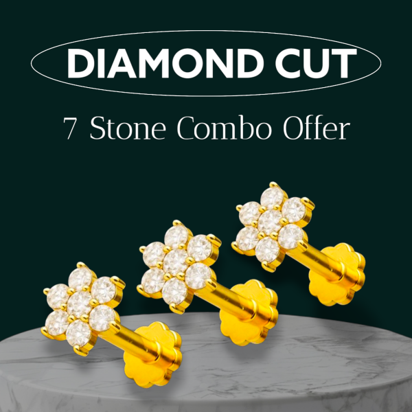 7+7+7 Stone Original Diamond Cut 18K Gold Plated Nosepin With Free Box