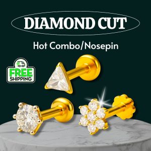 Trangle +1+7 Stone Original Diamond Cut 18K Gold Plated Nosepin With Free Box