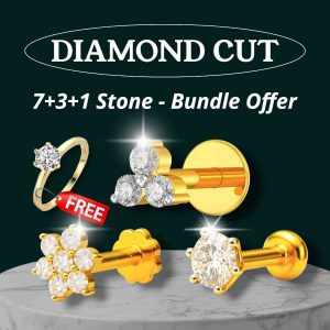 (Golden Ring) 7+3+1 Diamond Cut 18k Gold Plated Nosepin Combo
