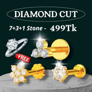 (Silver Ring) 7+3+1 Diamond Cut 18k Gold Plated Nosepin Combo