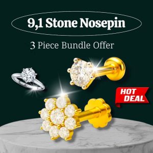 9+1 Diamond Cut 18k Gold Plated Nosepin & Silver Ring Combo