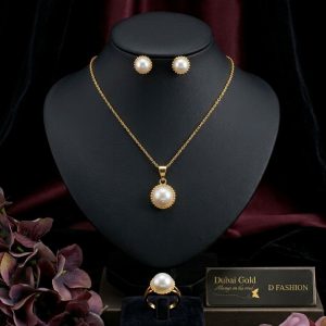 Elegant Gold-Plated White Pearl Necklace Set Matching Ring